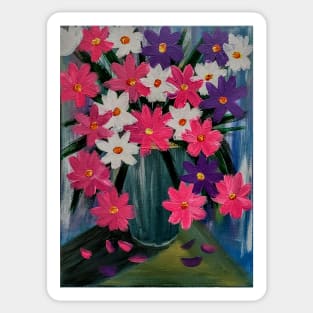 Some bright and colorful abstract flowers in a turquoise vase. Sticker